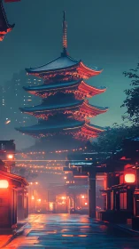 Neon lit pagoda street glowing softly in the evening mist.
