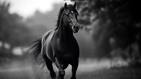 Galloping black stallion in misty monochrome fieldscape.