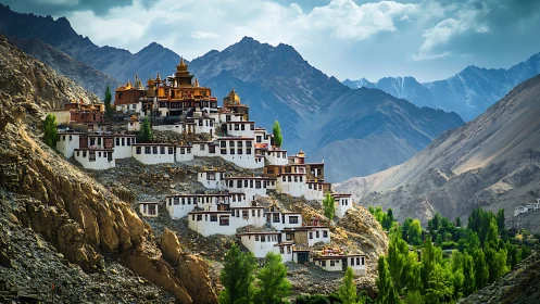 Hilltop monastery complex in arid mountain landscape.