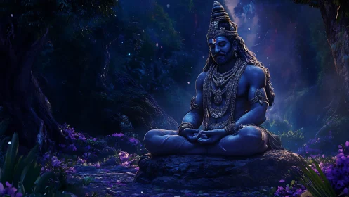 Midnight forest hush crowns a blue yogi in jeweled silence