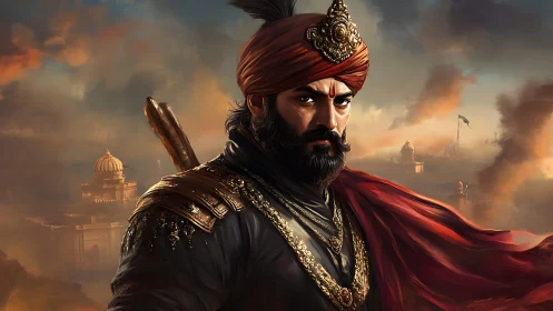 Warrior in ornate turban stands before smoky fortified city