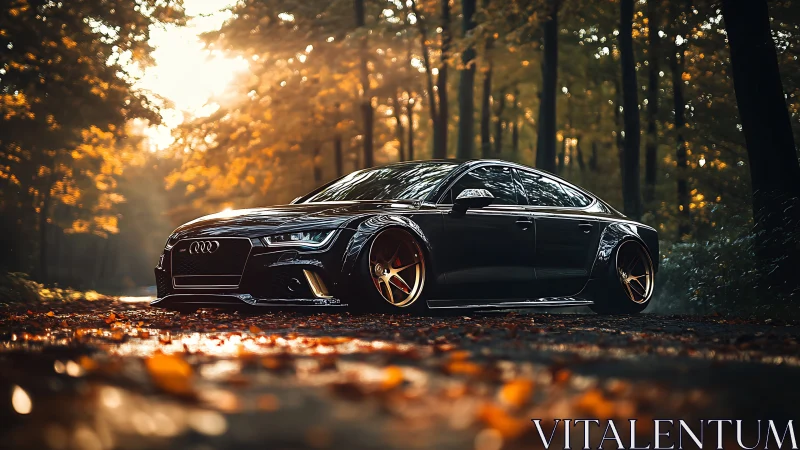 Gleaming black Audi rests low and proud on a golden forest road