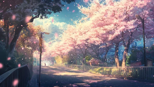 Gentle spring walkway under drifting cherry blossoms.