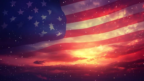 United States flag overlay on sunset sky with light particles.