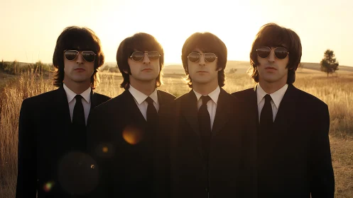 Four suited men with sunglasses stand in backlit field at sunset