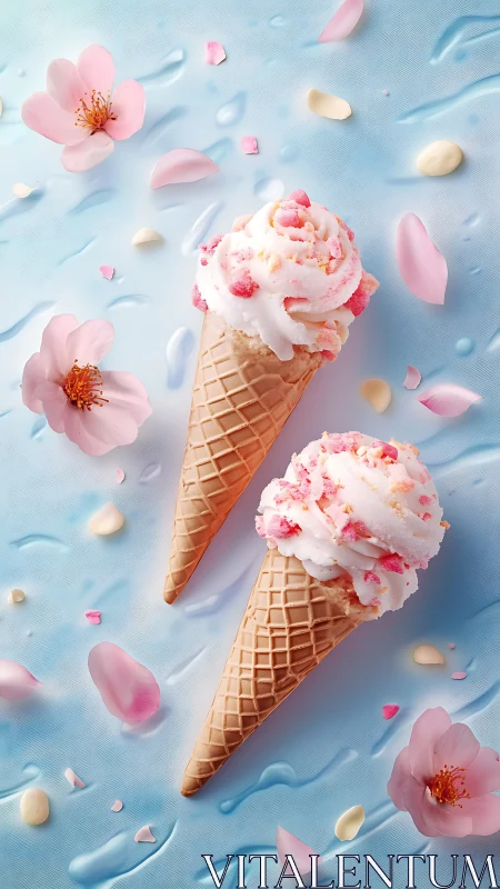 Floral ice cream cones on pastel blue surface with petals.