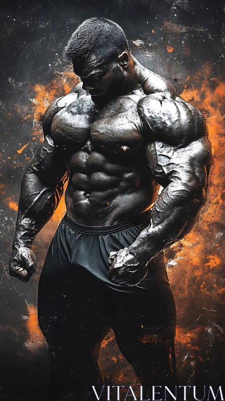 Hyperdefined bodybuilder stands amid explosive orange embers