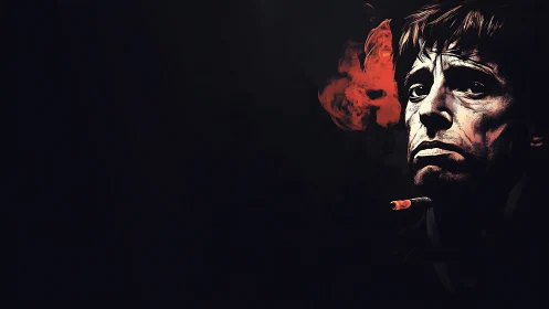 Brooding smoker portrait against deep black void.