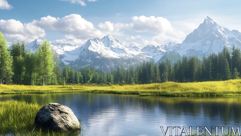 Snowy mountain range above forest lake in clear daylight.