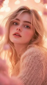 Soft-focus blonde portrait in warm pink studio light.