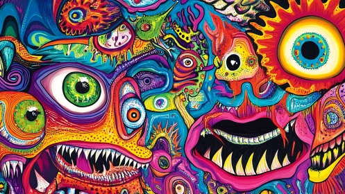 Psychedelic monster visages collide in dense chromatic abstraction
