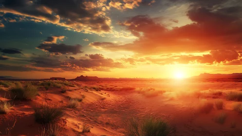 Glowing desert sunset welcomes soft dunes and gentle clouds