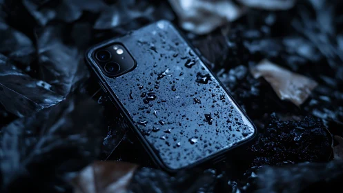 Wet smartphone on dark leaves in low light scene.