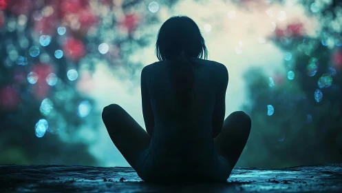 Silhouette of seated figure before defocused colored lights.