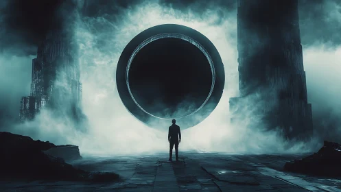 Cinematic cyberpunk portal vista with silhouetted lone figure.