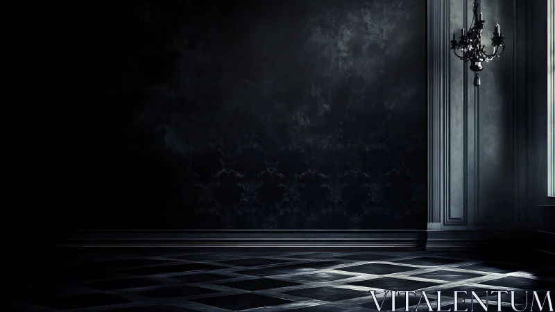 Dim interior room shows paneled wall, chandelier and flooring