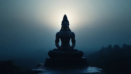 Silhouette of seated statue is centered against diffuse backlight