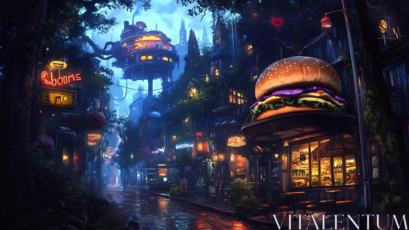 Midnight burger boulevard in a neon-soaked future city.