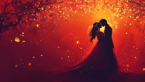 Silhouetted couple with flowing gown beneath radiant golden particle cascade.