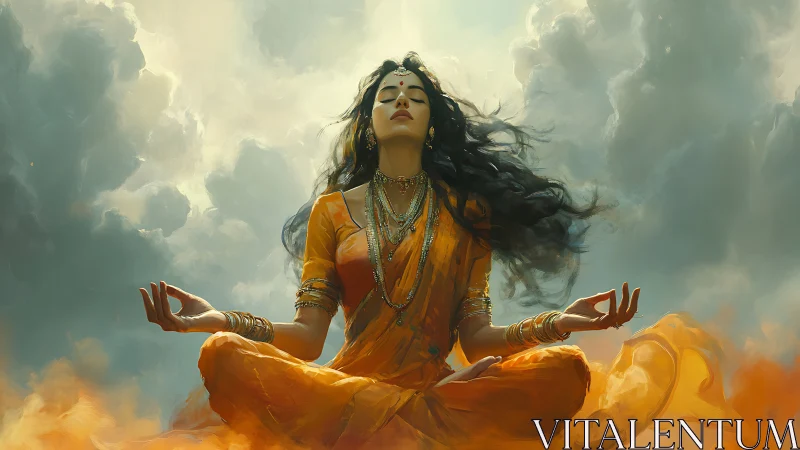 Meditative ascension of sari-clad figure within cloud dynamics.