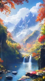 Autumnal alpine gorge with cascades and volumetric skylight.