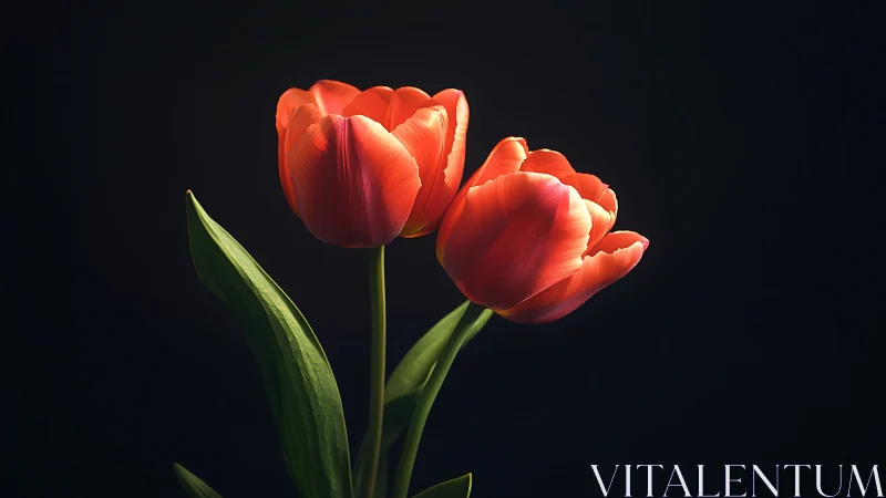 Red Tulips Against Dark Background Display Cultivated Flowering Form