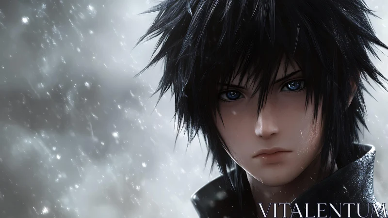 Serious anime boy with dark hair in falling snowstorm.