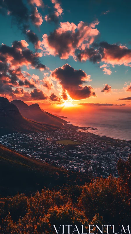 Coastal cityscape beneath clouded sunset over mountains.