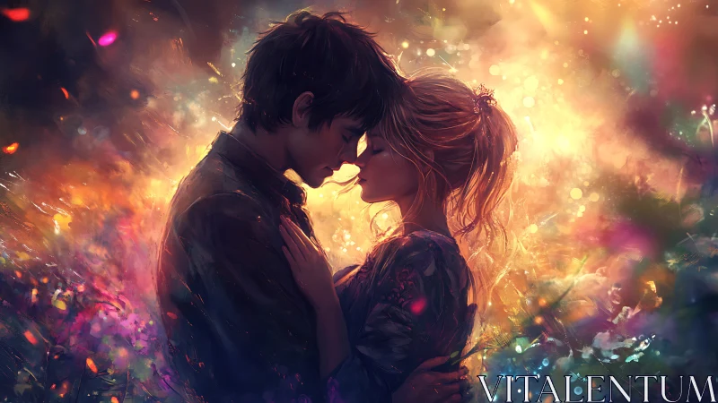 Luminous Embrace Within Chromatic Particle Explosion.