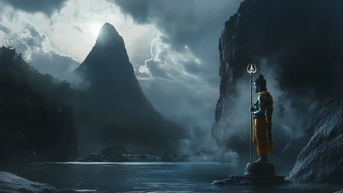 Nocturnal river deity sculpture beneath backlit monolithic peak.