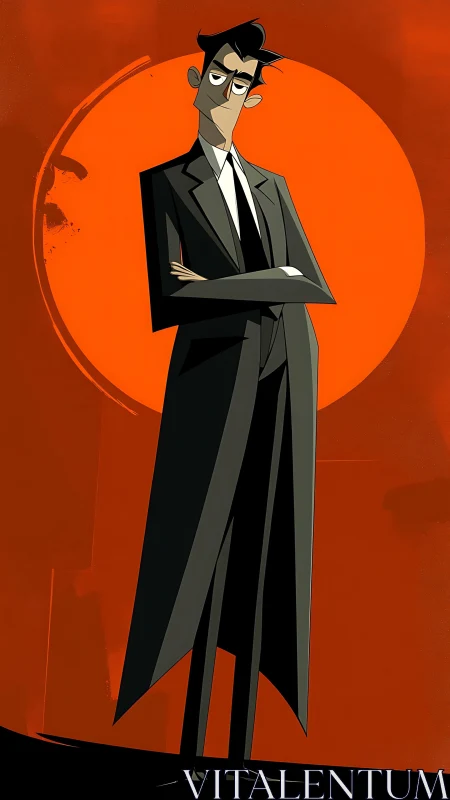Tall suited man in stylized pose before bold red circle.
