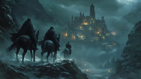 Dark riders approach a fortified mountain city at night.