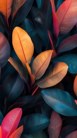 Tropical foliage study in neon teal, coral, and gold hues.