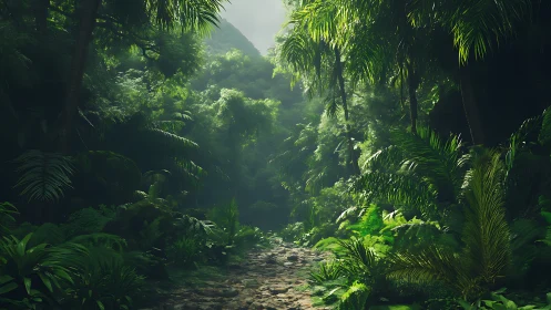 Dense tropical forest path with layered canopy and filtered light.