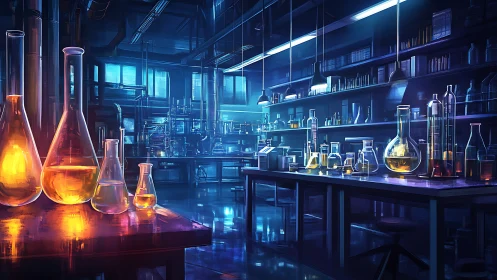 Futuristic chemistry lab with glowing glassware at night.