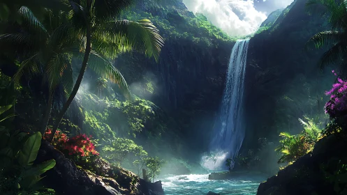 Tropical Waterfall Canyon with Lush Vegetation and Turquoise Pool.