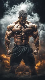 Bodybuilder stands in smoke with dramatic lighting focus.