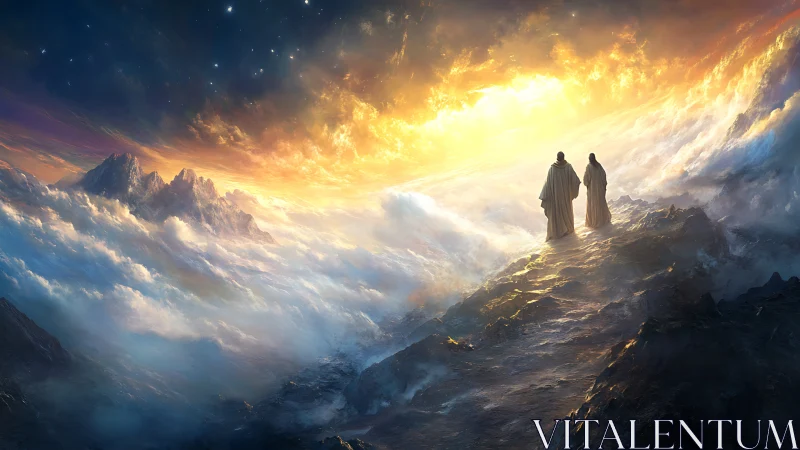Two robed figures walk a mountain ridge above glowing clouds