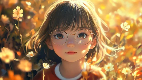 Digital portrait depicts child with glasses amid soft flora