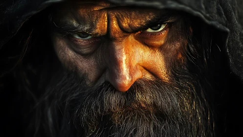 Storm-eyed wanderer beneath a weathered midnight hood.