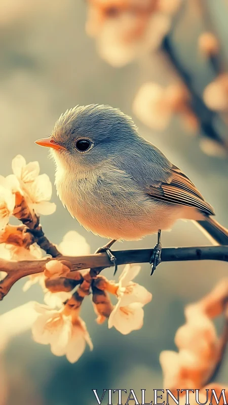 Songbird on flowering branch with soft background light.