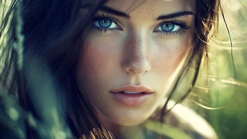 Close-up digital portrait of woman with blue-green eyes.
