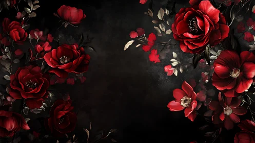 Red flowers arranged on dark background with central negative space