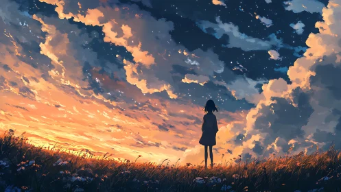 Solitary dreamer gazes into a blazing twilight cosmos sky.