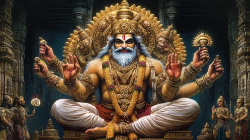 Divine multi-armed deity radiates power in golden temple