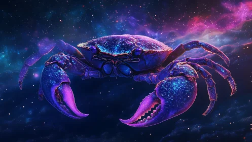 Cosmic blue crab drifts through vibrant neon starfield sky