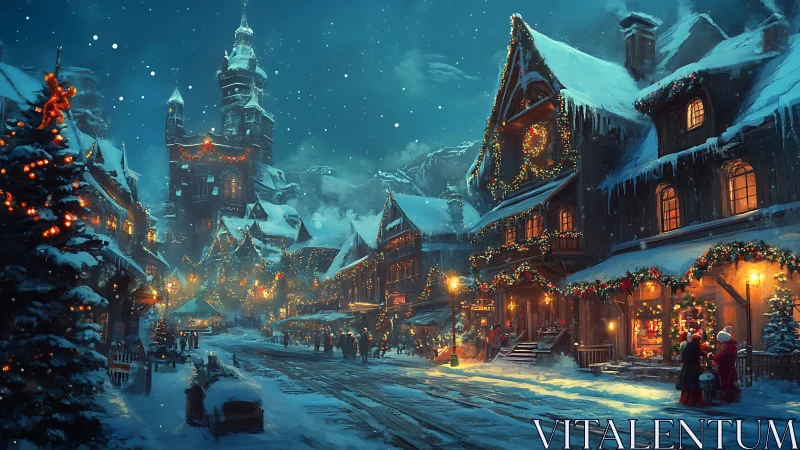 Snowy European village street under festive winter night sky