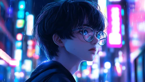 Youth with glasses in neon city rain, reflective bokeh lighting