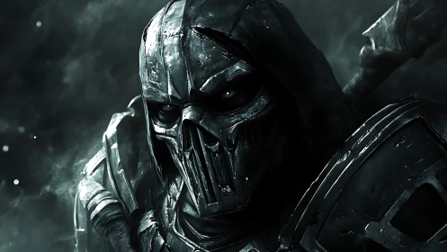 Armored skeletal warrior in hooded helm rendered with high contrast