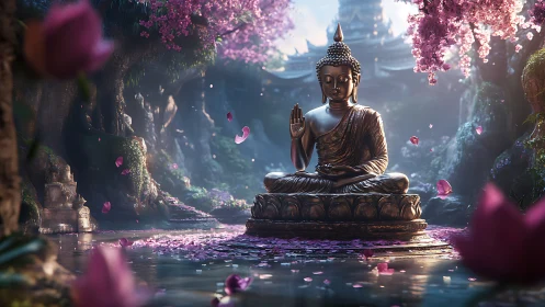 Bronze Buddha statue under cherry blossoms in misty temple garden